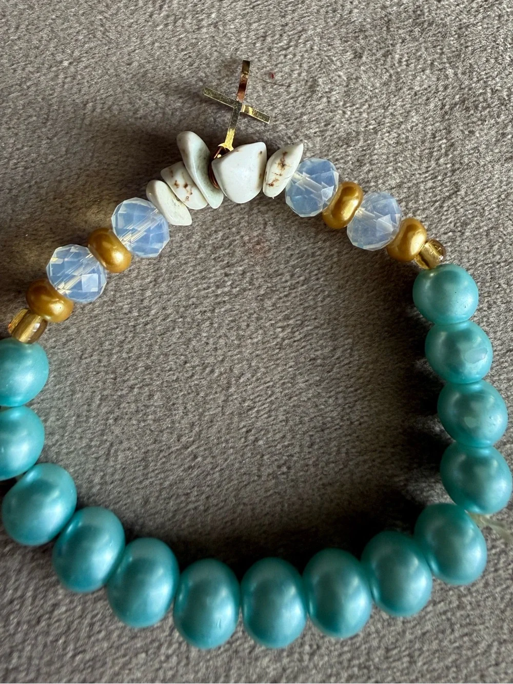 Turquoise Beaded Stretch Bracelet with Gold Accents and Cross Charm
